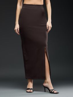 Globus - Coffee Brown Solid Mid-Rise Front Slit Skirt