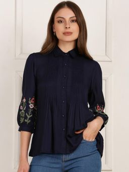Globus - Blue Floral Embroidered Sleeves Collared Neck Pleated Flared Hem Top