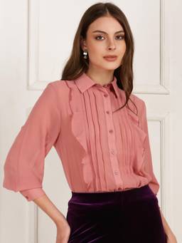 Globus - Pink Collared Neck Bishop Sleeves Curved Hem Ruffle Detail Georgette Shirt