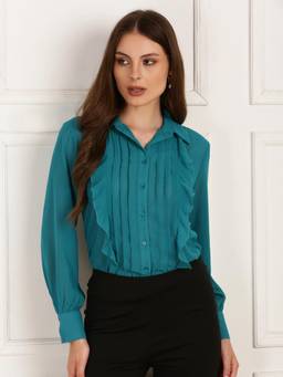 Globus - Blue Collared Neck Bishop Sleeves Curved Hem Ruffle Detail Georgette Shirt