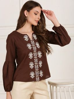 Globus - Brown Round Neck Puff Sleeves Self Embroidered Casual Wear Top