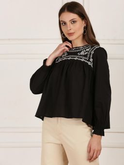 Globus - Black Round Neck Bishop Sleeves Embroidered Gathered Detail Workwear Top