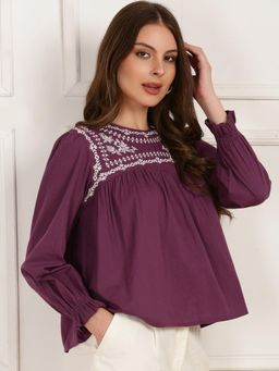 Globus - Mauve Round Neck Bishop Sleeves Embroidered Gathered Detail Workwear Top