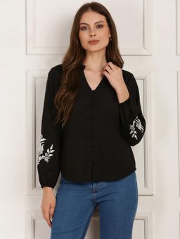 Globus - Black Mandarin V-neck Embroidered Bishop Sleeves Pleated Detail Top