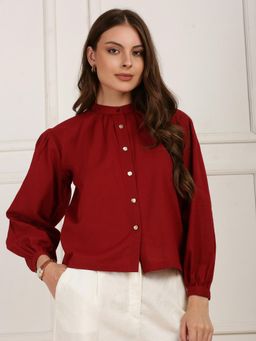 Globus - Maroon Band Collar Puff Sleeves Button Detail Workwear Top