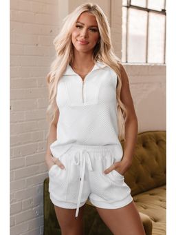 Errabelly - White Textured Half Zip Tank Top & Shorts