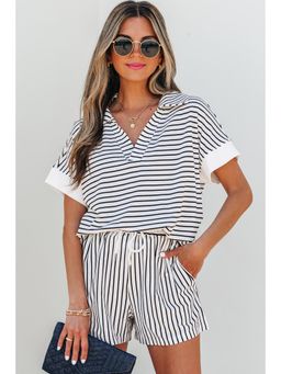 Errabelly - Erra belly Black Stripe V Neck T-Shirt and Casual Short Set