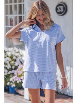 Errabelly - Sky Blue Stripe Dolman Sleeve Polo T-Shirt and Drawstring Shorts