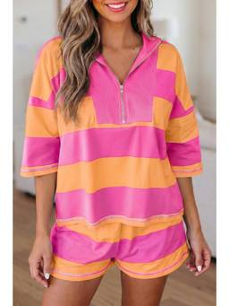 Errabelly - Pink Stripe Seam Detail Half Zip T-Shirt Casual Shorts 2pcs Set