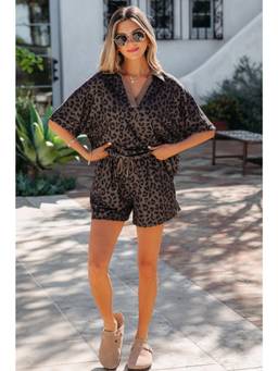 Errabelly - Brown Collar Neck Leopard Printed Top & Shorts