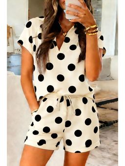 Errabelly - Beige Polka Dot Print V Neck T-Shirt Short Set