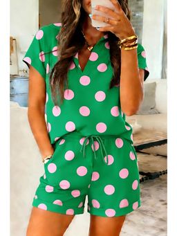 Errabelly - Green Polka Dot Print V Neck T-Shirt Short Set