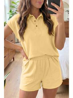 Errabelly - Yellow Cream Loose Polo T-Shirt Elastic Waist 2pcs Short Set
