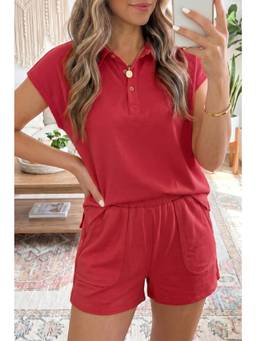 Errabelly - Racing Red Loose Polo T-Shirt Elastic Waist 2pcs Short Set