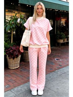 Errabelly - Pink Polka Dot Print Mock Neck Short Sleeve Top and Pant