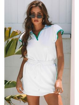 Errabelly - White Colorblock Edge Cap Sleeve Collared Top & Skirt
