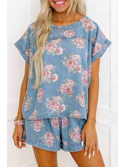 Errabelly - Sky Blue Floral Denim Top & Shorts