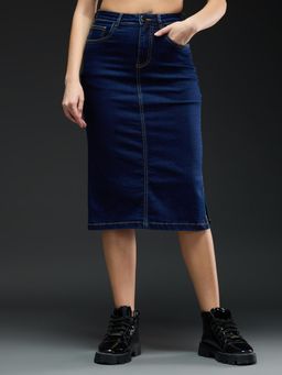 Globus - Blue Solid Mid-rise Side Slit Denim Skirt