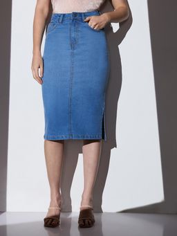 Globus - Turquoise Blue Mid-Rise Solid Side Slit Denim Skirt