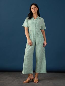 Globus - Green Shirt Collar Striped Pleated Button Wide Leg Jumpsuit