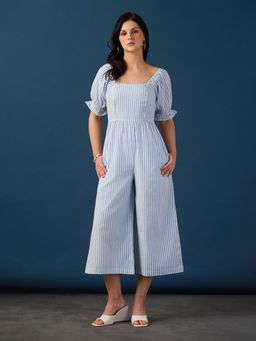 Globus - Blue Square Neck Striped Smocked Wide Leg Jumpsuit