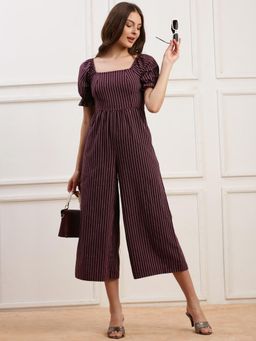 Globus - Wine Striped Square Neck Smocked Back Wide Leg Jumpsuit