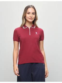 U.S. POLO ASSN. - Women's Solid Regular Fit Zipper Polo T-shirt