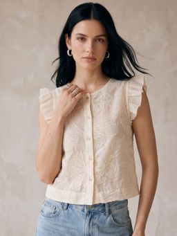 Outzidr - White Textured Button Down Blouse