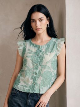 Outzidr - Green Textured Button Down Blouse