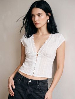 Outzidr - White Button Down Crop Top With Lace Inserts On The Neck