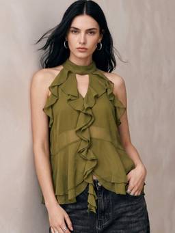 Outzidr - Olive Halter Neck With Ruffles Top