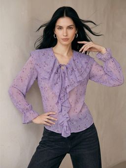 Outzidr - Purple Printed Ruffled Neck Top