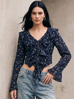 Outzidr - Navy Blue Printed Ruffled Neck Crop Top