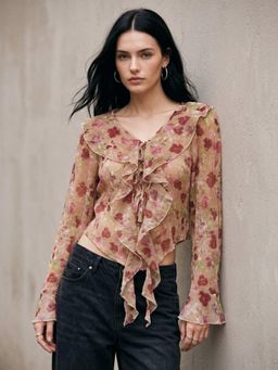 Outzidr - Multi V Neck Printed Top With Ruffles