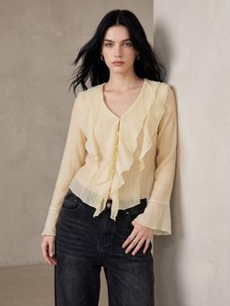 Outzidr - Yellow Button Down Detailed Top With Ruffles