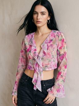Outzidr - Purple Printed Ruffled Front Tie Up Crop Top With Flared Sleeves