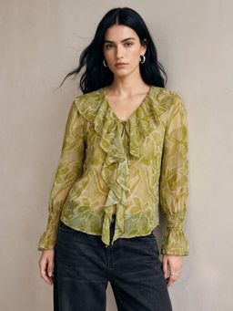 Outzidr - Green V Neck Printed Neck Tie Up Ruffled Top