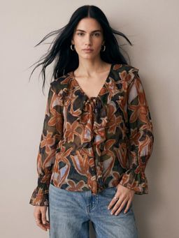 Outzidr - Brown V Neck Printed Neck Tie Up Ruffled Top