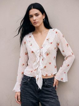 Outzidr - White All Over Printed Front Open Styled Top