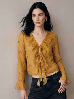Outzidr - Mustard All Over Printed Front Open Styled Top