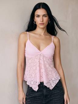 Outzidr - Pink Plunge Neck Lace Tank Top