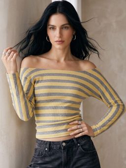 Outzidr - Yellow Off-Shoulder Striped Fitted Top