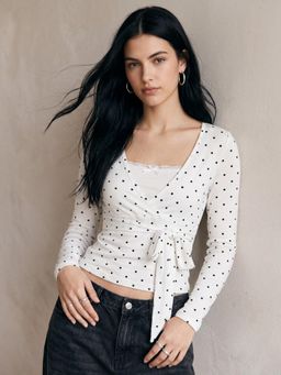 Outzidr - White Polka Dotted Wrap Neck Top