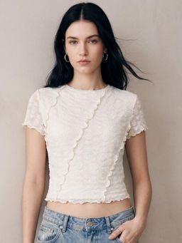 Outzidr - White Textured Round Neck Top With Lettuce Hem