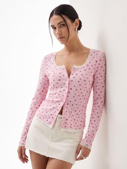 Outzidr - Pink Printed Ribbed Top With Lace Inserts