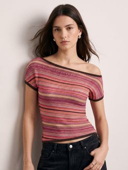 Outzidr - Pink Striped Off-Shoulder Top