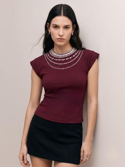 Outzidr - Wine High Neck Cap Sleeved Top With Layered Embellishments
