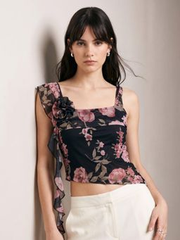 Outzidr - Black All Over Floral Printed Fitted Crop Top
