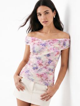 Outzidr - Lavender Ruched Bardot Floral Top