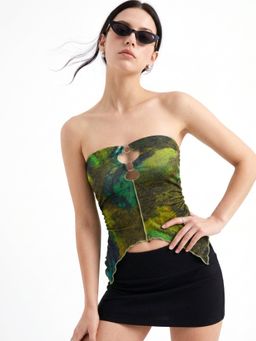 Outzidr - Green Printed Tube Top With Metal Trim And Key Holes